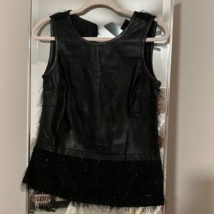 NWT AX faux leather front/feather-fringe back top